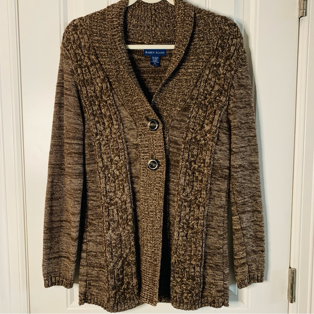 Karen Scott Brown and Cream Knit Two-Button Cardigan | Small